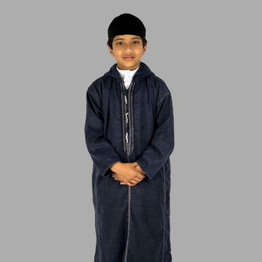 Boys Navy Blue Premium Hooded Moroccan Thobe for Madrasah and Daily Wear