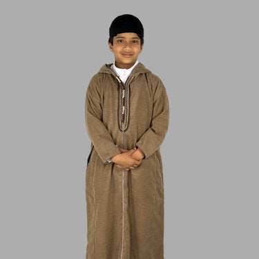 Light Brown Childrens Hooded Thobe Authentic Moroccan Design