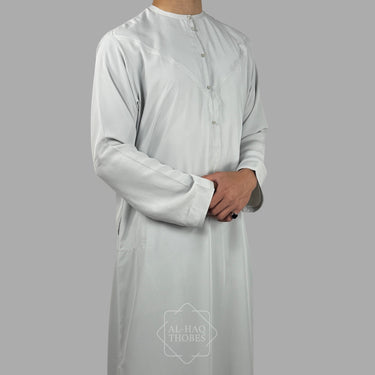 Luxury Pearl Grey Lightweight Zibda Emirati Thobe (Buttons)