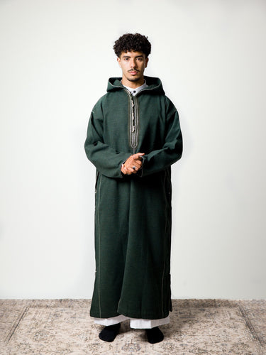 Luxury Forest Green hooded Moroccan djellaba – view 1