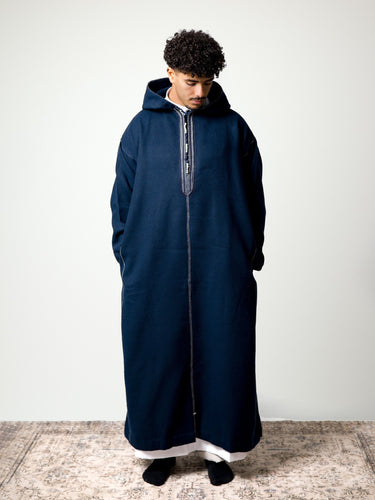 Luxury Pacific Navy hooded Moroccan djellaba – view 1