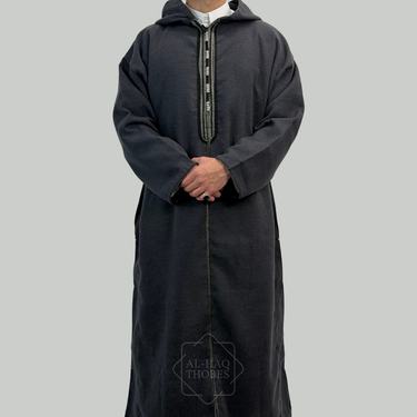 Luxury Slate Black Hooded Moroccan Thobe