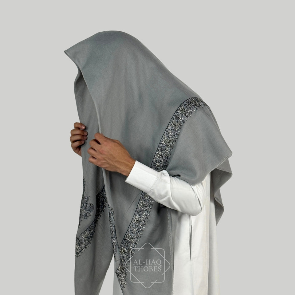 Luxury Dark Grey Embroidered Yemeni Shemagh – Al-Haq Thobes