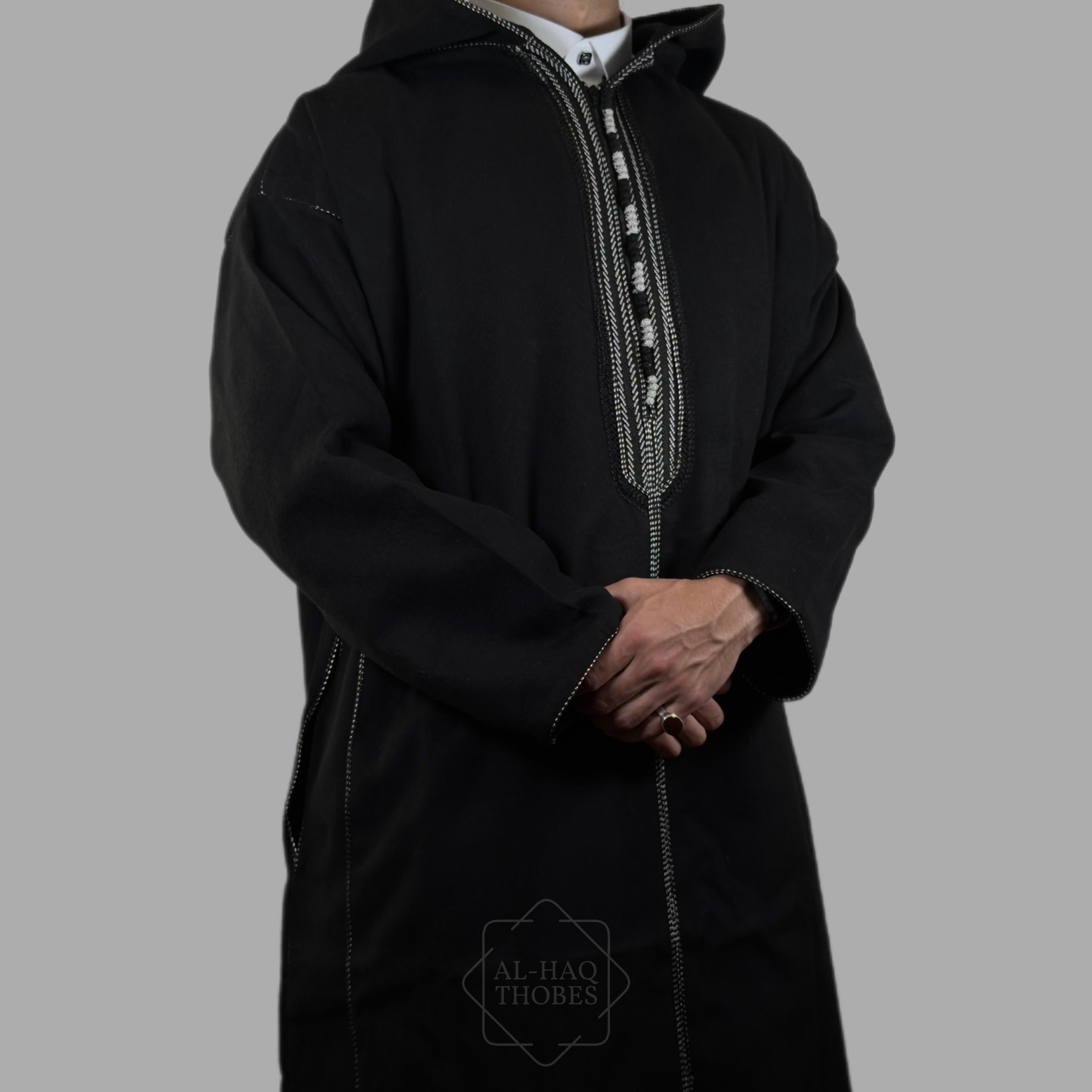 Thobe Rafah Black Hooded Moroccan Thobe | Black Hooded Thobe – Al-Haq Thobes