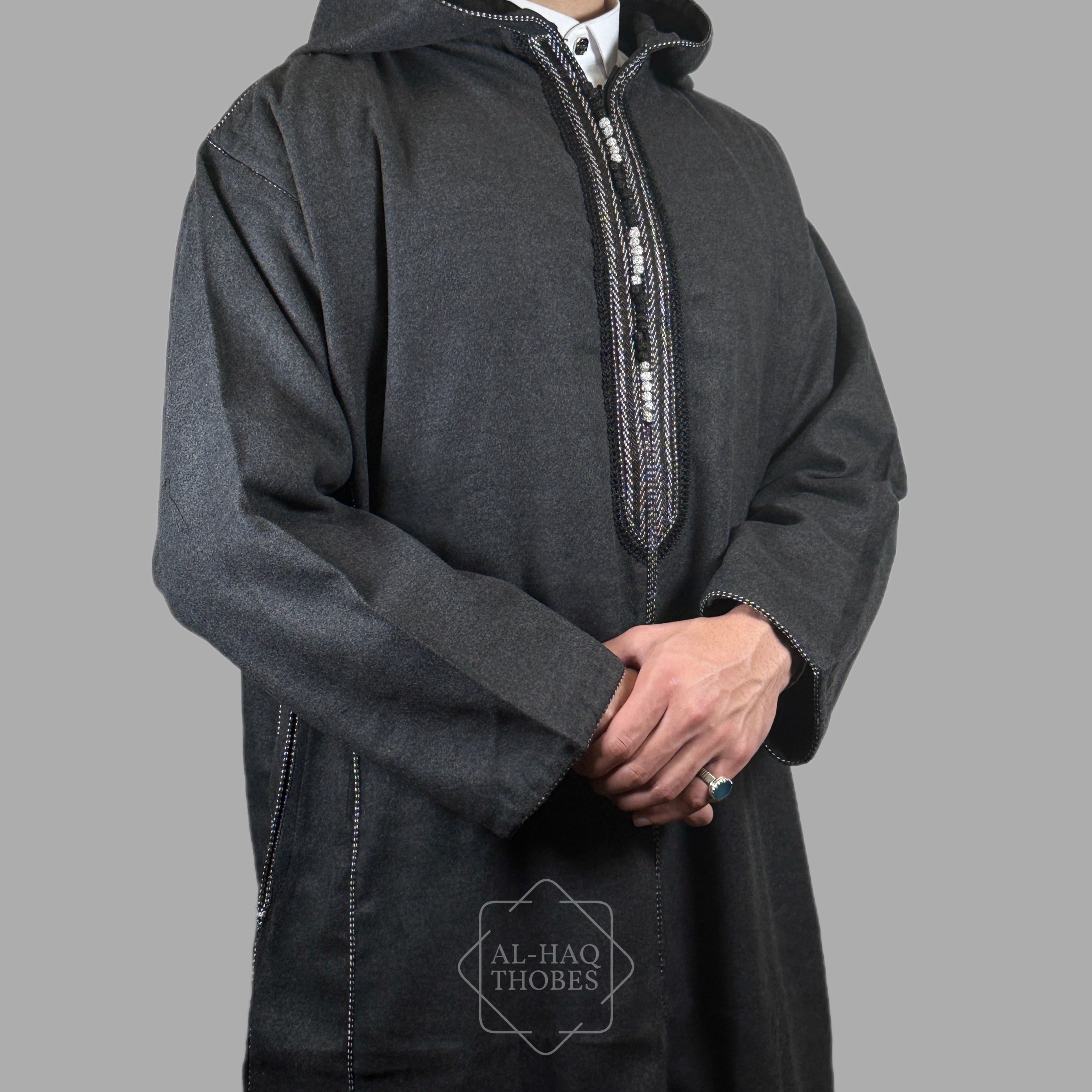 Thobe Rack Black Hooded Moroccan Thobe | Ash Black Hooded Djellaba – Al-Haq Thobes