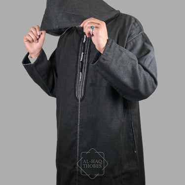 Premium Ash Black Hooded Moroccan Thobe