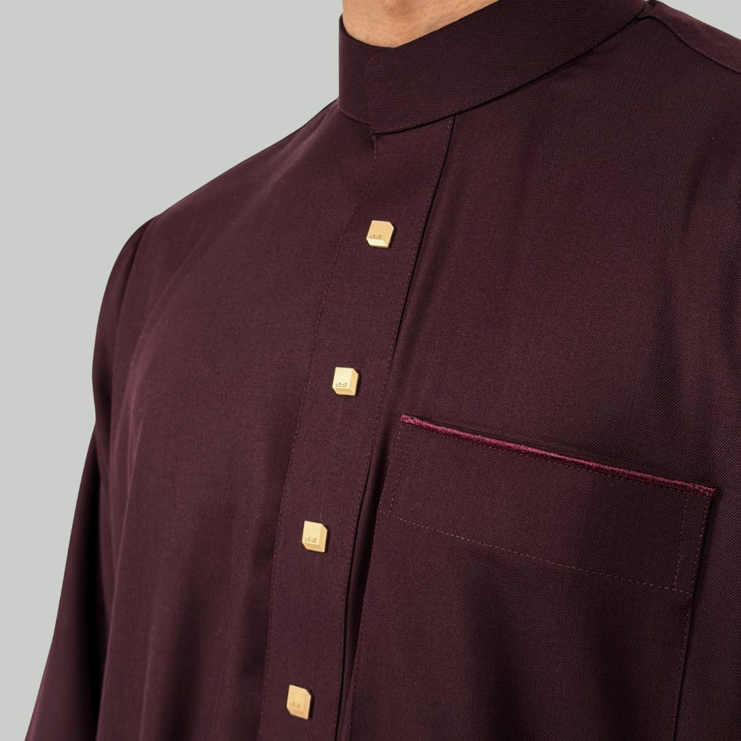 Collared Thobe Burgundy Signature Collared Thobe For Men – Al-Haq Thobes