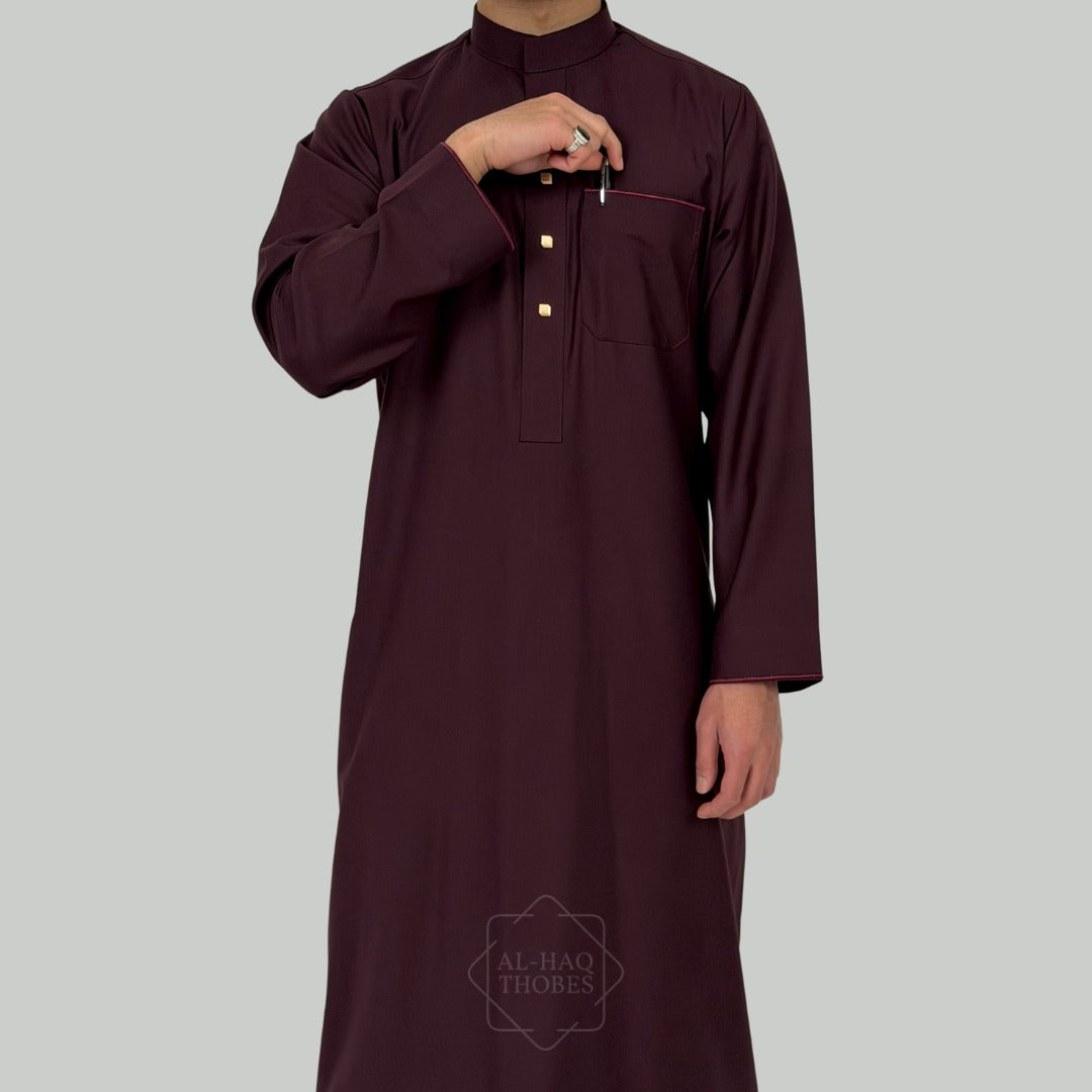 Collared Thobe Burgundy Signature Collared Thobe For Men – Al-Haq Thobes