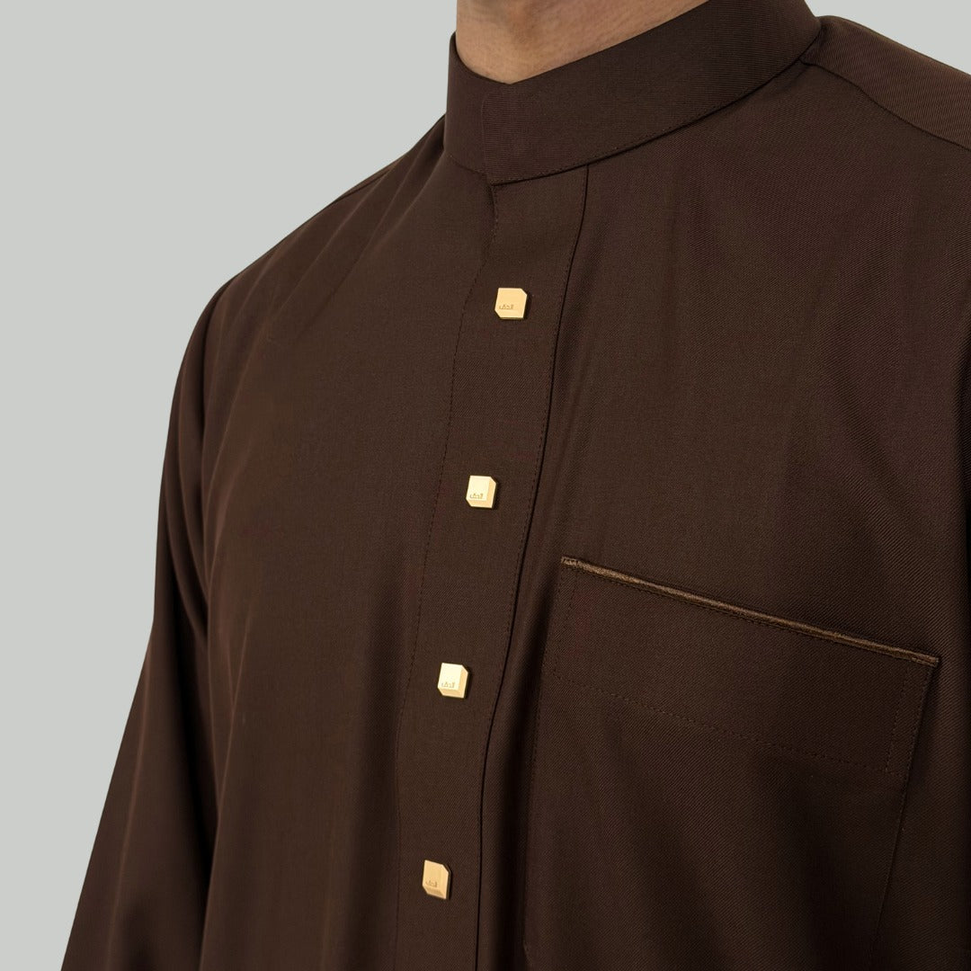 Collared Thobe Chocolate Brown Signature Collared Thobe – Al-Haq Thobes