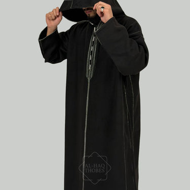Luxury Coal Black Hooded Moroccan Thobe