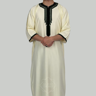 Luxury Cream & Green Zipped Moroccan Gandoura