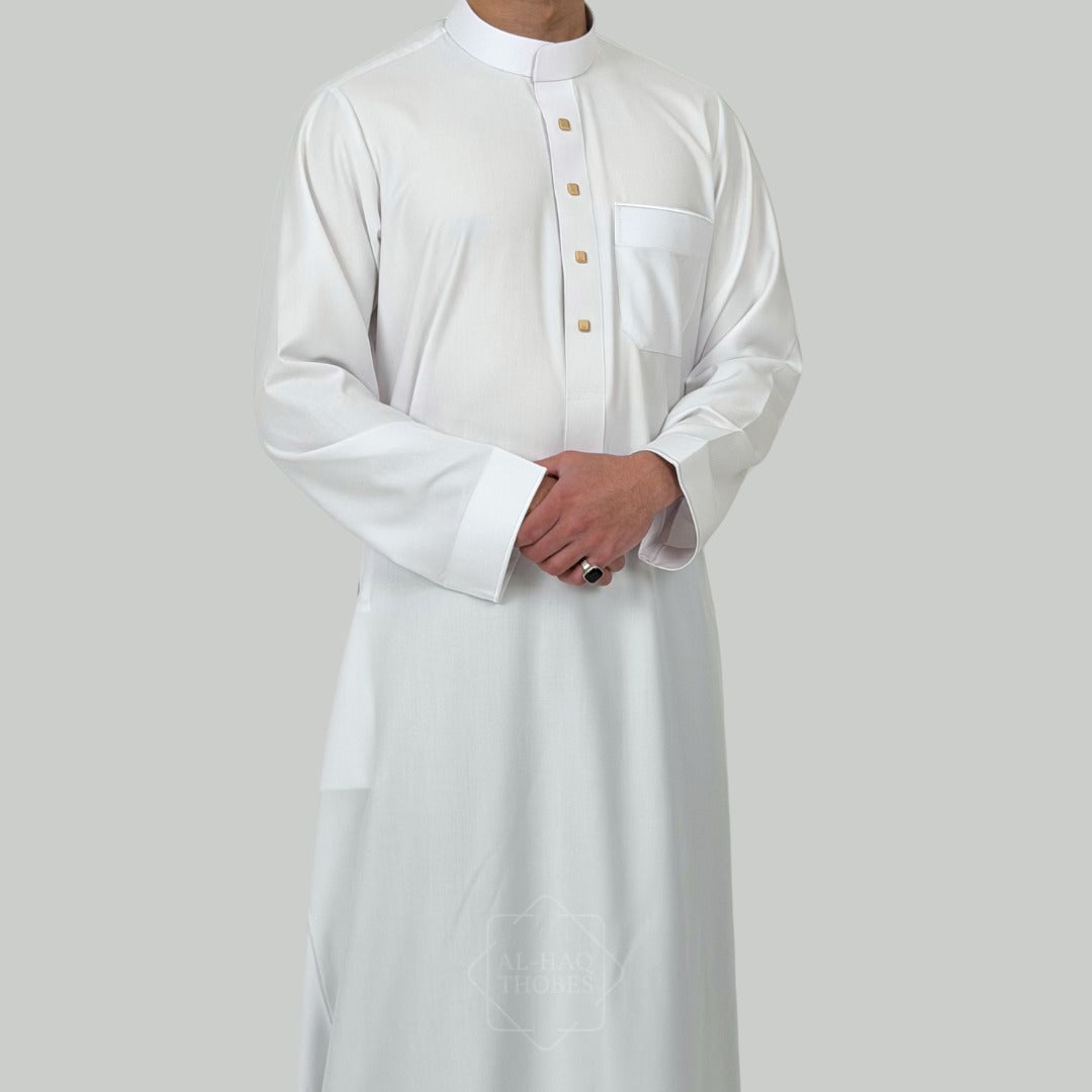 Collared Thobe Polar White Signature Collared Thobe For Men – Al-Haq Thobes