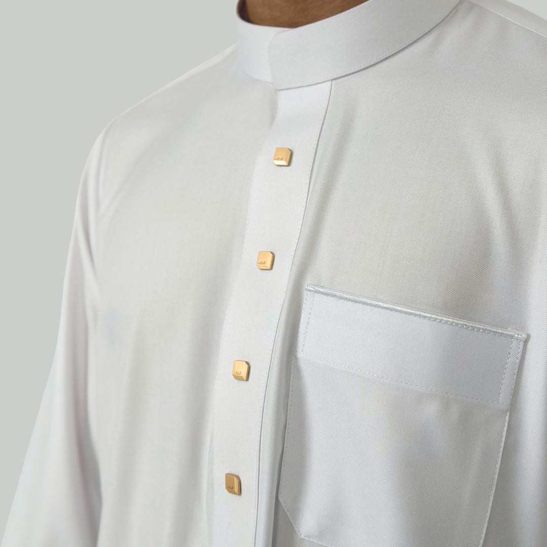Collared Thobe Polar White Signature Collared Thobe For Men – Al-Haq Thobes