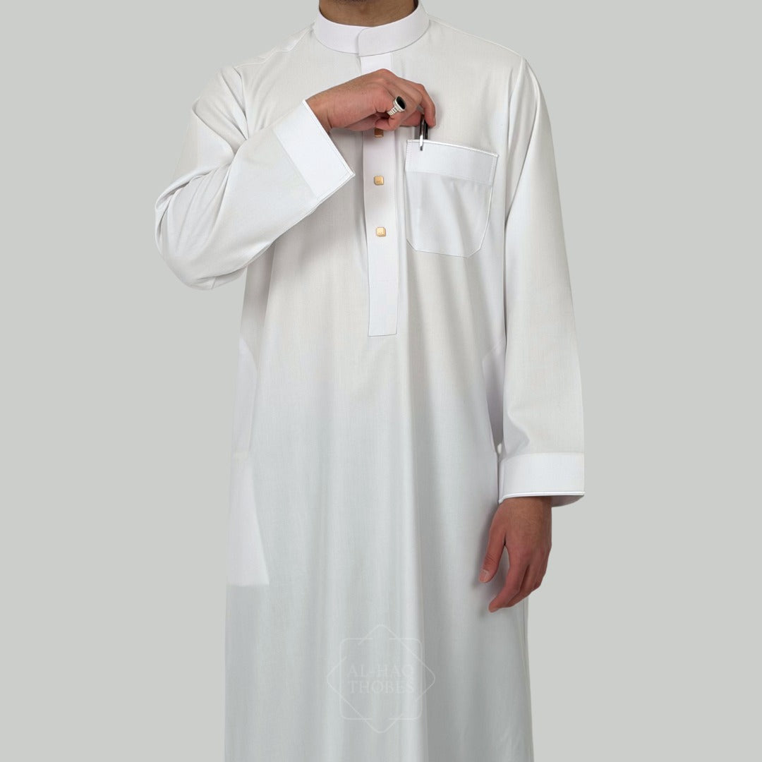 Collared Thobe Polar White Signature Collared Thobe For Men – Al-Haq Thobes